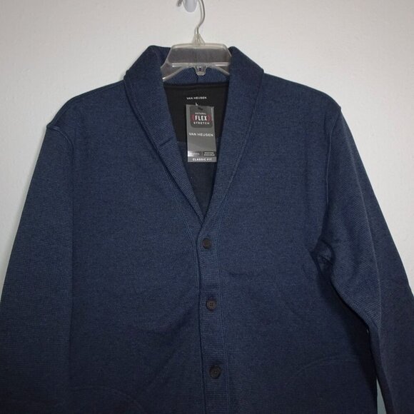 Van Heusen Grandpa Cardigan Men's Size L Blue Fleece Thermal Academia Professor - Picture 2 of 8